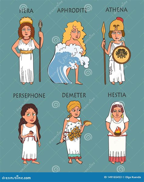 Old Greek Female Gods Cartoon Figures Set With Aphrodite Artemis Athena ...