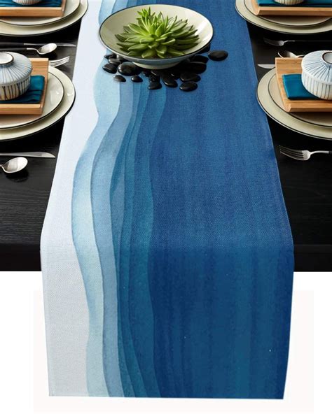 Summer Table Runners 13X72 Inches Long, Blue White ,Cotton Linen Ombre ...