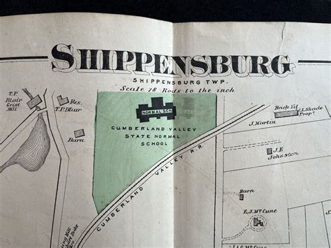 Rare 1872 Hand-Colored Map of Shippensburg, Pennsylvania with Property Owner Names and Building ...