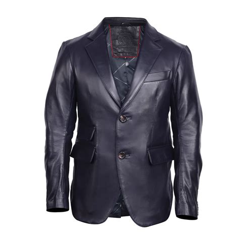 Navy Blue Formal Leather Blazer with Dual-Layer Back Design