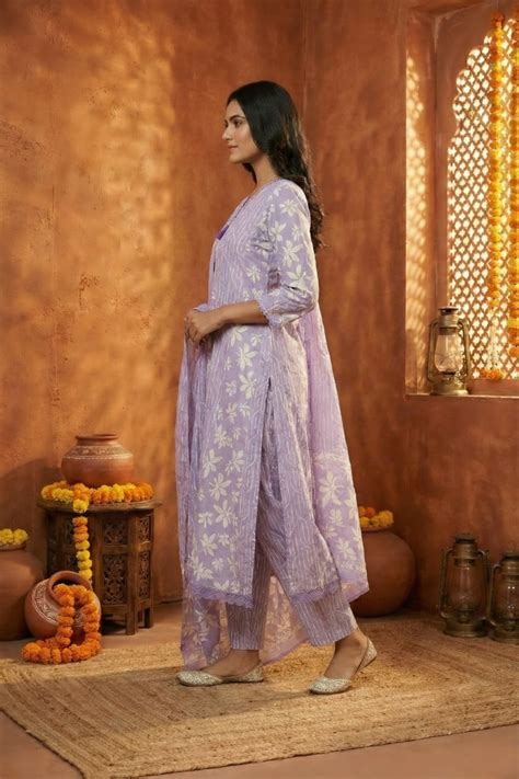 Neerus Purple Ethnic Thread Embroidered Cotton Straight Suit Set ...