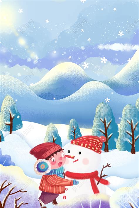 蓝色卡通手绘大雪小雪24节气冬至冬天雪地展板背景免费下载 - 觅知网