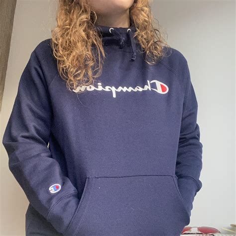 Navy blue champion hoodie Size large Will fit up... - Depop