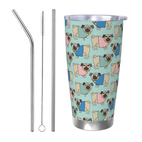 Qokaie Colorful Pugs Pattern 20 Oz Coffee Car Insulated Coffee Cup With Lid And Straw Stainless ...