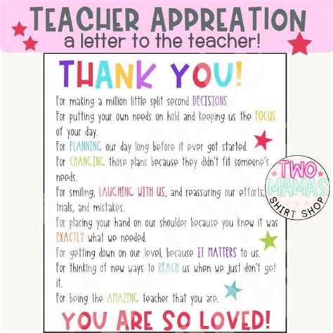 Teacher Appreciation Letter, Instant Download, Teacher Appreciation ...