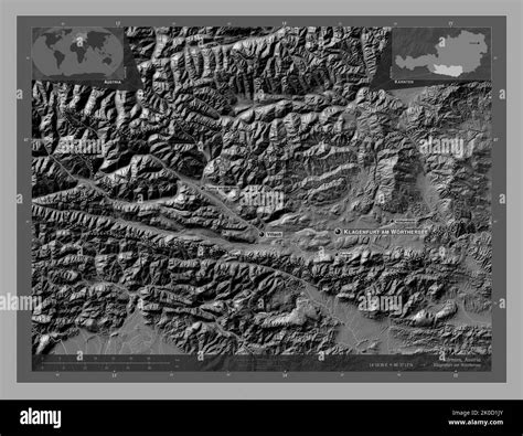 Karnten, state of Austria. Bilevel elevation map with lakes and rivers. Locations and names of ...