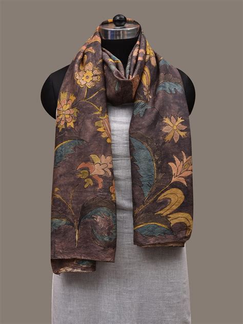 Grey Kalamkari Hand Painted Silk Handloom Stole with Floral Design ds2 ...