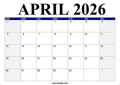 April 2026 Calendar Printable with Holidays – Noolyo.com