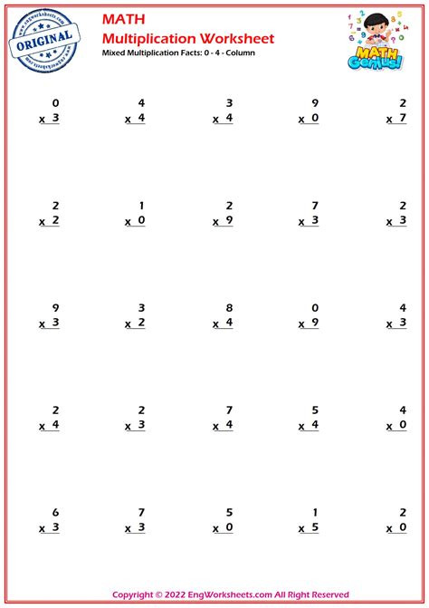 Mixed Multiplication Facts: 0 - 4 - Column Worksheets and Exercise ...