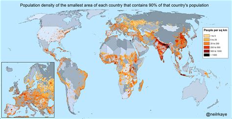 Population density of the smallest area of each country that contains 90% of that country's ...