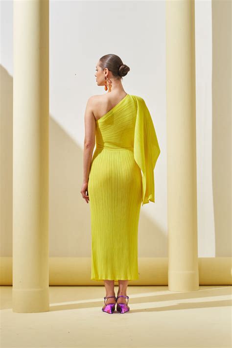 Pleats By Aruni - Yellow One Shoulder Drape Dress - Elahe