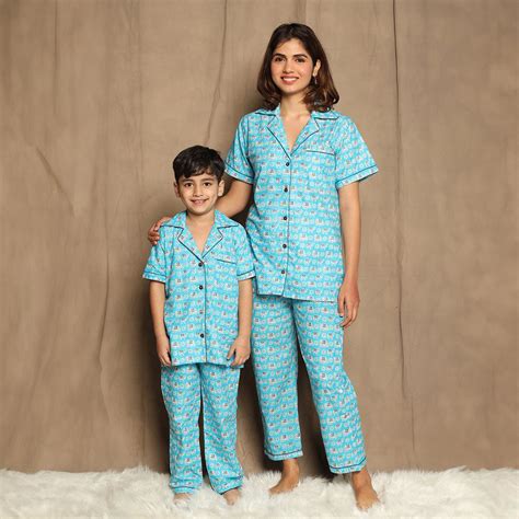 Blue Printed Night Suit matching Set For Mom And Son
