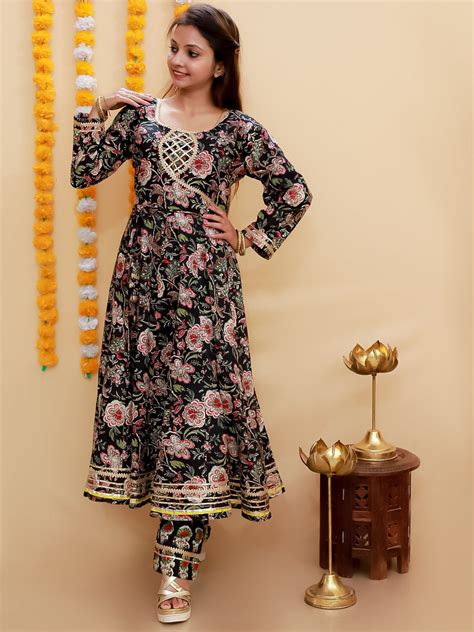 Black Block Print Anarkali Kurta Set | Available On The Mom Store