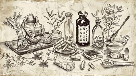 Traditional Chinese medicine herbs and tools detailed vintage sketch ...