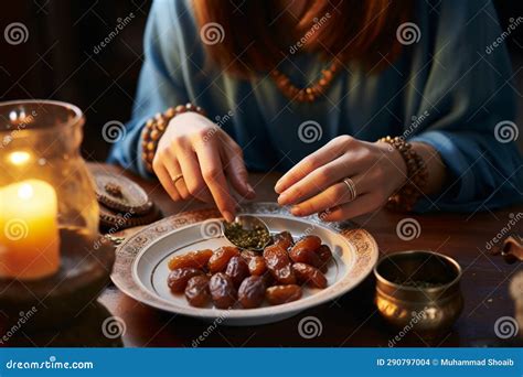 Traditional Muslim Fasting a Woman with Dates, Commencing Her Fast ...