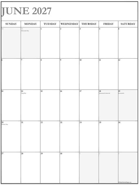 June 2027 Vertical Calendar | Portrait