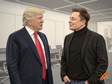 Digital illustration of Donald Trump in a suit and Elon Musk in a ...