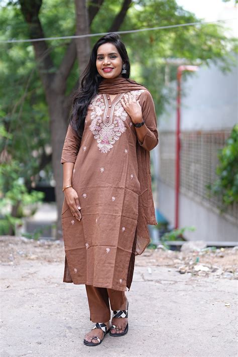 Brown Color Jaipur Cotton 3 Piece Set With Thread Embroidary Work ...