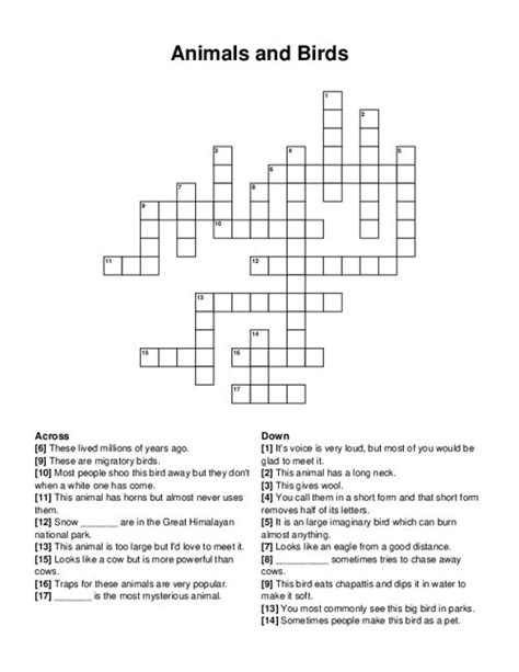 Animals and Birds Crossword Puzzle
