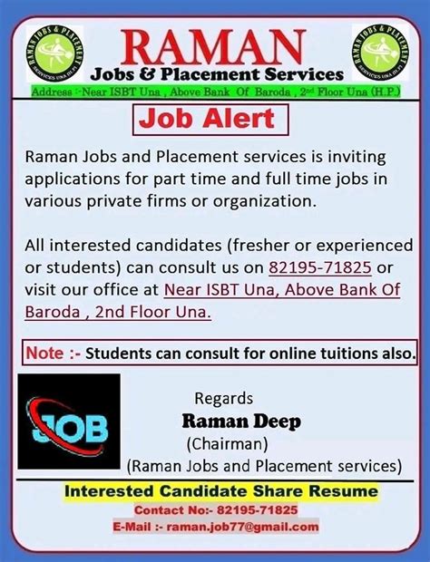 Raman Jobs & Placement Services Una H. P in Hrtc Colony,Una-himachal ...