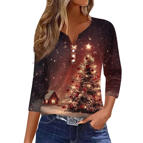 ASDFVBKG Women's Christmas Tops Henley Christmas Tree Printed Three ...