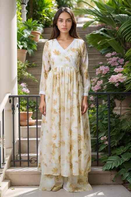 Buy Beige Georgette Lace V-neck Leaf Print Angrakha Anarkali With ...