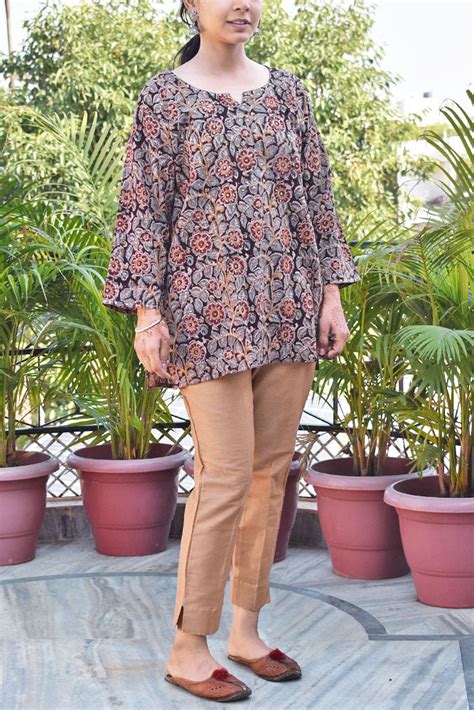 Machalipatnam Kalamkari Hand Block Printed Cotton Short Kurta with seq ...