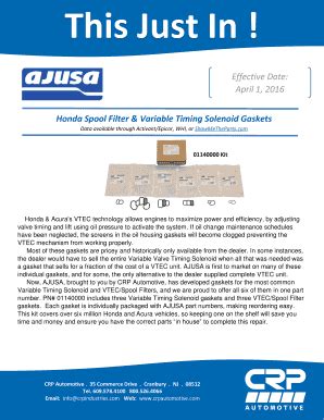 Fillable Online Honda Spool Filter & Variable Timing Solenoid Gaskets ...