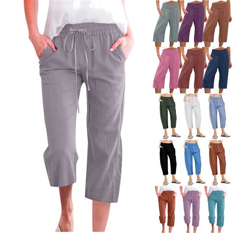 QATAINLAV Linen Capris Pants for Women Wide Leg Loose Cropped Trousers ...