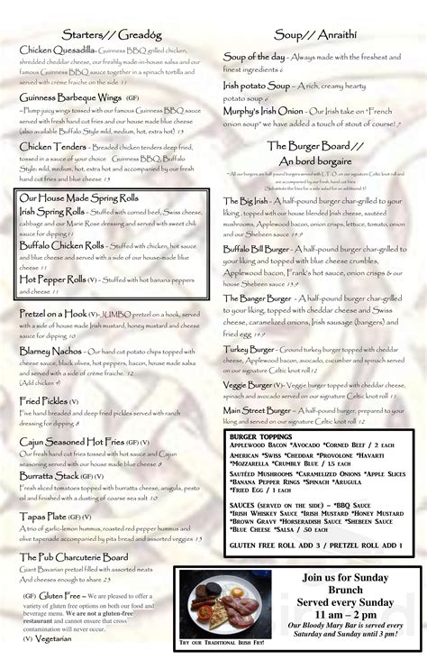The Irishman Pub and Eatery menu in Williamsville, New York, USA