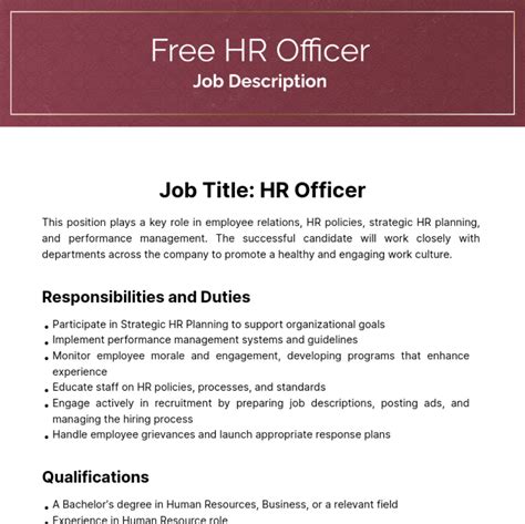 Free Human Resources (HR) Officer Job Description Template to Edit Online