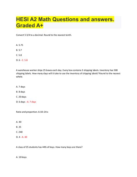 Hesi a2 math questions and answers graded a – Artofit