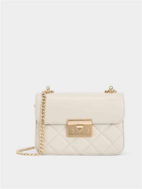 Ivory Quilted Push-Lock Chain-Handle Bag - CHARLES & KEITH IN