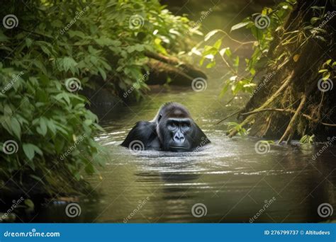Gorilla Swimming in Tranquil Stream, Surrounded by Lush Greenery Stock ...