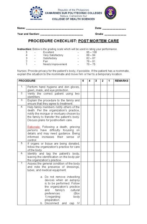 NCM 3E Checklist for Post Mortem Care Procedures and Guidelines - Studocu