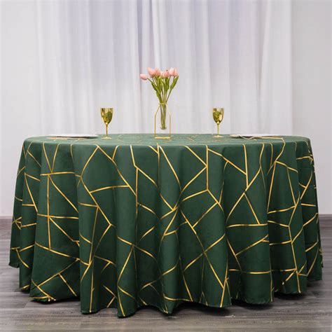 120" Hunter Emerald Green Round Polyester Tablecloth With Gold Foil ...