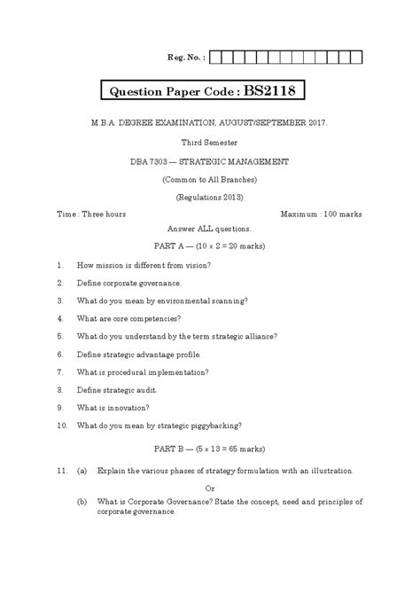 DBA 7303 - M.B.A. 2017 Strategic Management Exam Question Paper - Studocu
