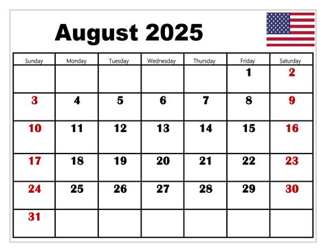Calendar August 2025 with Holidays