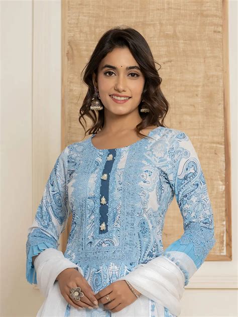 Blue Ethnic Motifs Cotton Straight Kurta And Trousers With Dupatta Set ...