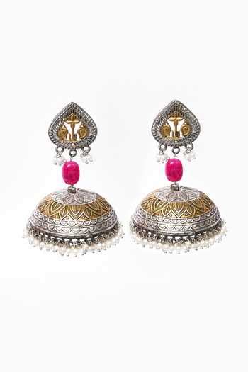 Buy Silver Plated Pearls, Stones Drops Oxidized Jhumka Earrings by Our ...
