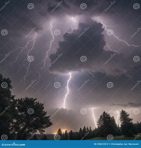 Multiple Thunder and Lightning Strikes Hit a Forest Stock Illustration ...