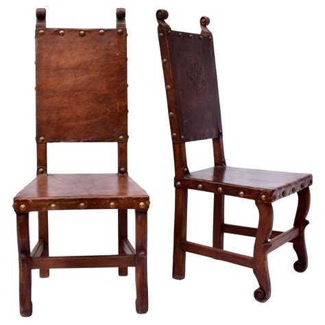 Spanish Colonial Leather Dining Chairs, Pair For Sale at 1stDibs