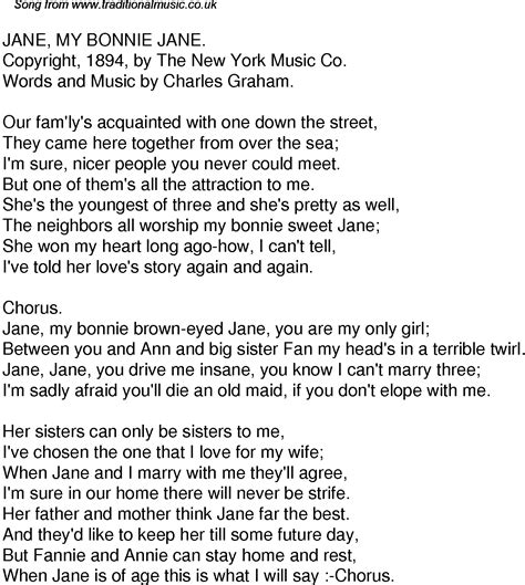 Old Time Song Lyrics for 44 Jane My Bonnie Jane