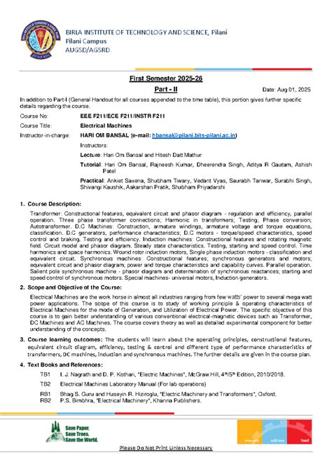 EEE F211 2025 - Electrical Machines Course Handout - Studocu