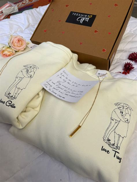 Love Box 2 : Embroidered Line Art Oversized Couple Hoodies with Bar Ne ...