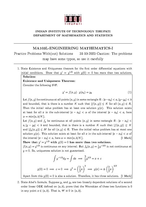 Practice Problems ODE - INDIAN INSTITUTE OF TECHNOLOGY TIRUPATI ...