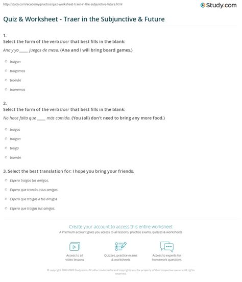 Quiz & Worksheet - Traer in the Subjunctive & Future | Study.com