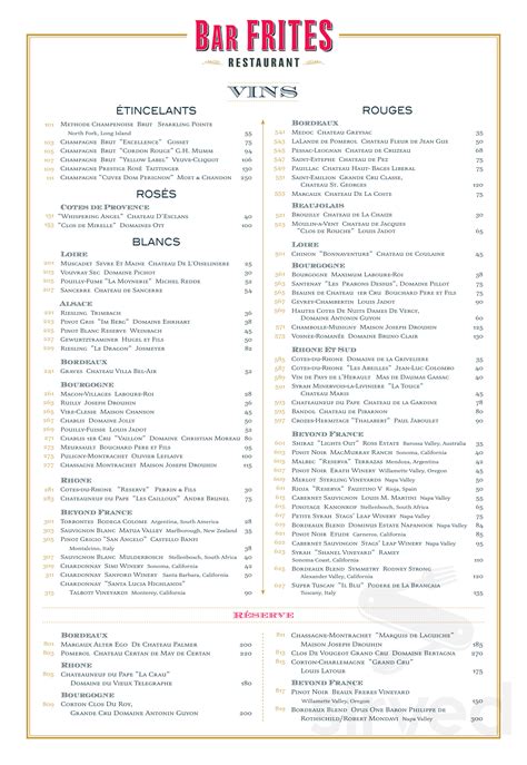 Bar Frites menu in Greenvale, New York, USA