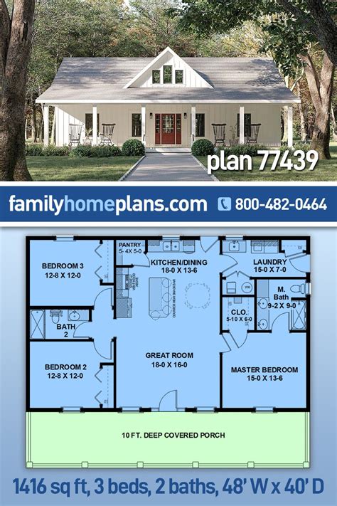 Plan 77439 | 1416 Sq Ft, 3 Bedrooms, 2 Full Bath | Ranch house plans ...