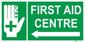 Safety World First Aid Center sign-left Side Direction-With Hand Sign ...